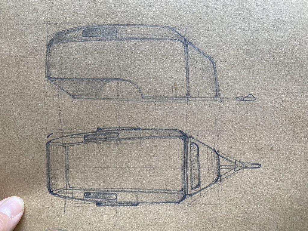 Froog T1 is a Camper trailer sketch of the side and top, in between a teardrop and a small RV.